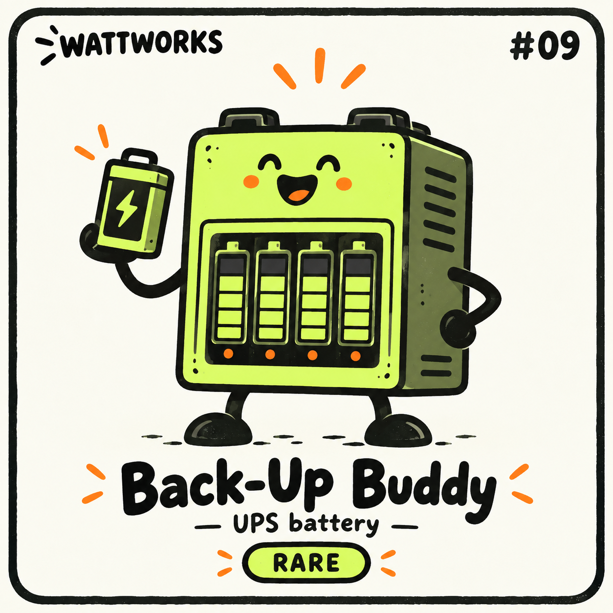 Back-Up Buddy — Rare UPS battery character card; printed number is illustrative