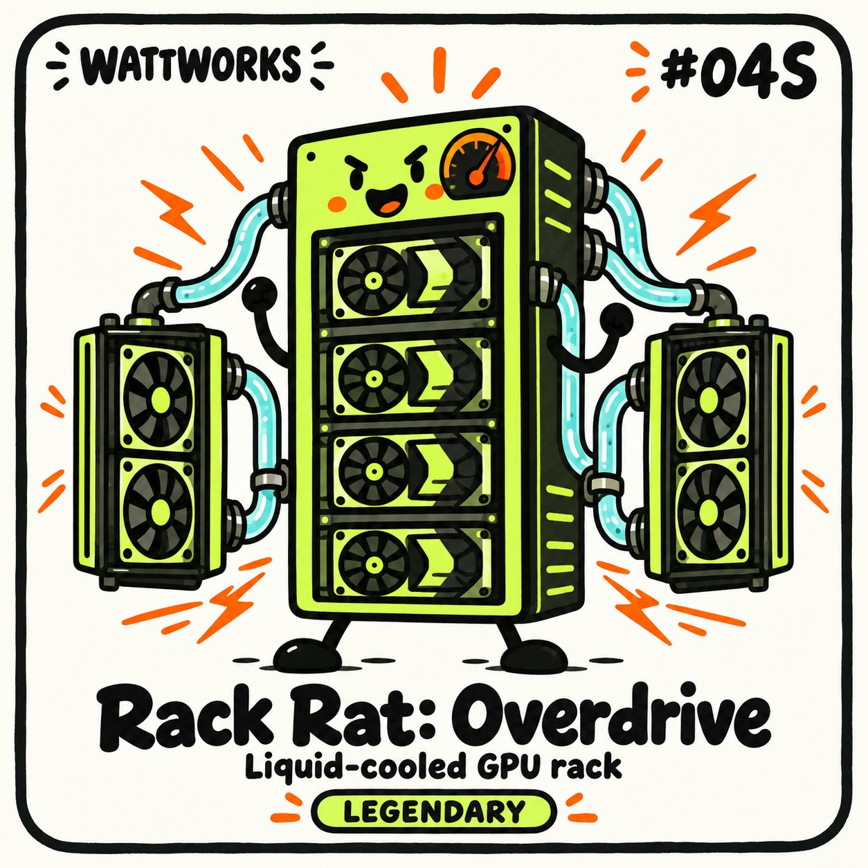 Rack Rat: Overdrive — Legendary Liquid-cooled GPU rack character card; printed number is illustrative