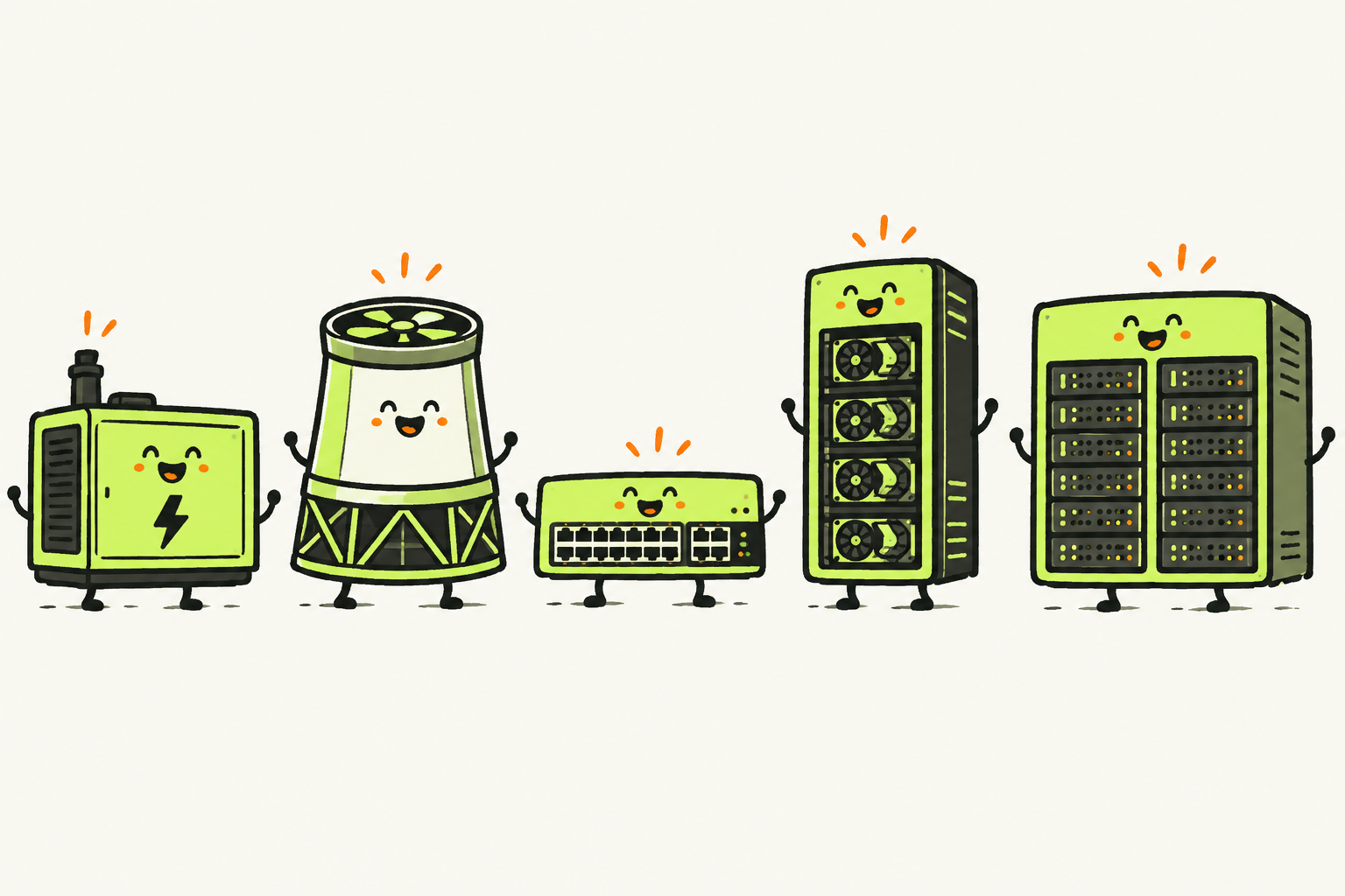 Five cartoon equipment collectibles: power unit, cooling tower, network switch, GPU rack and compute cluster