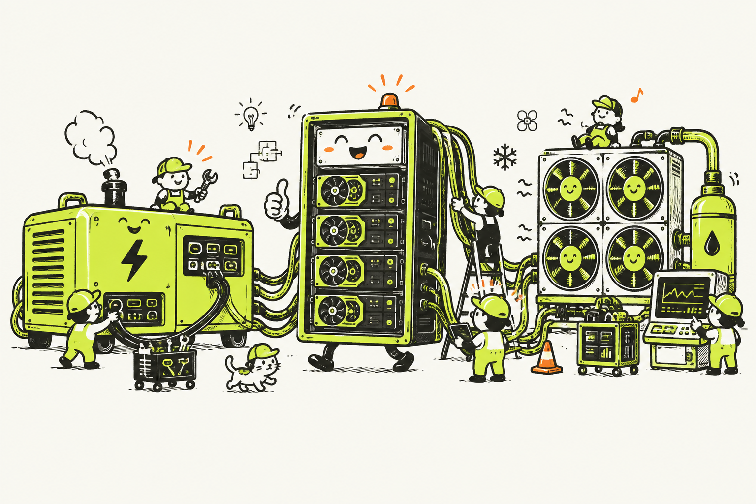 A hand-drawn workshop of friendly power generators, GPU racks and cooling equipment